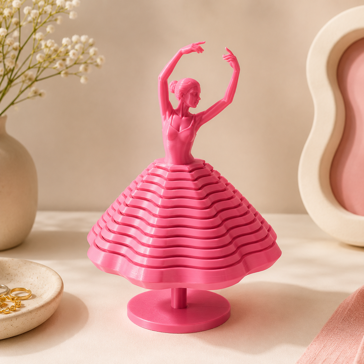 Bailarina Giratória Sensorial 3D – Escultura Rosa com Saia em Movimento