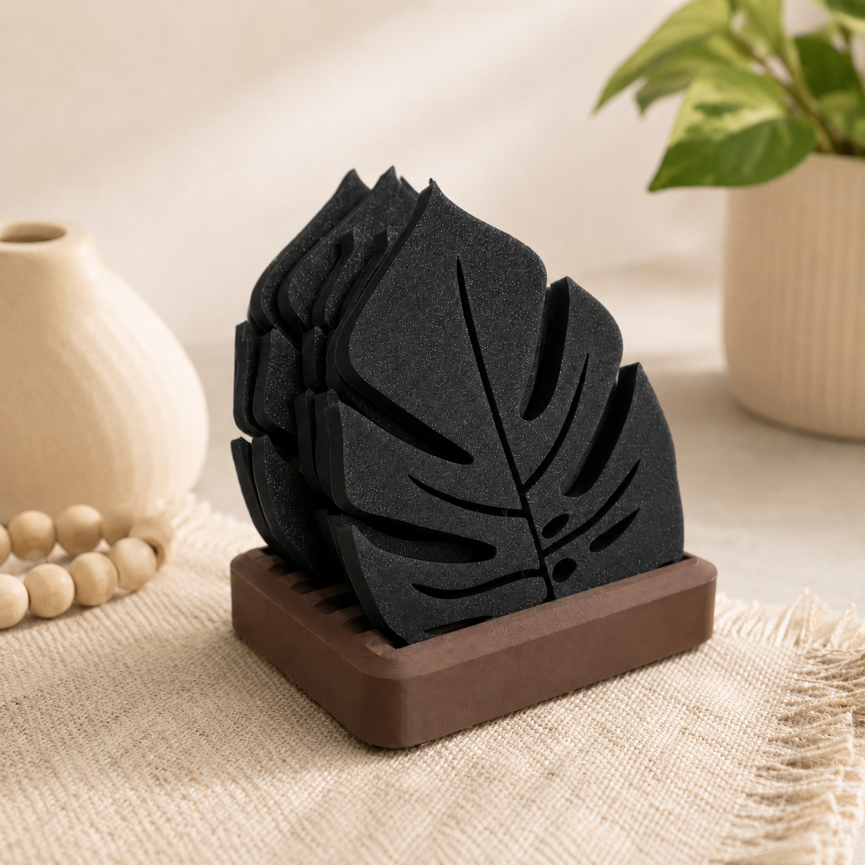 Conjunto Porta-Copos Folha Monstera com Suporte – Decorativo, Moderno e Organizado