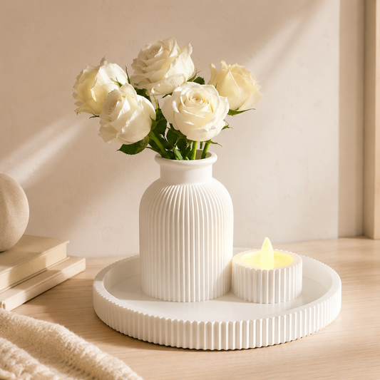 Kit Decorativo Canelado com Bandeja, Vaso e Porta-Vela – Elegante para Mesa, Aparador e Sala