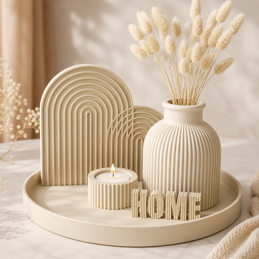Kit Decorativo Home Canelado com Bandeja, Vaso, Porta-Vela e Arcos – Decoração Minimalista Premium
