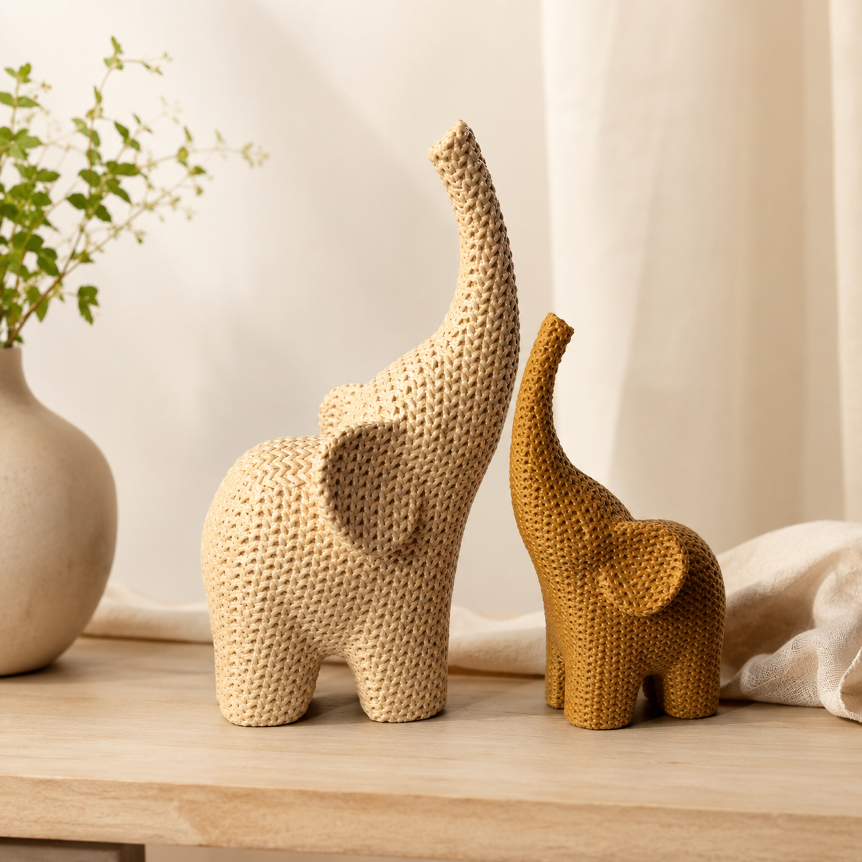 Kit Elefantes Decorativos Textura Tricotada – Esculturas 3D para Decoração de Sala e Quarto