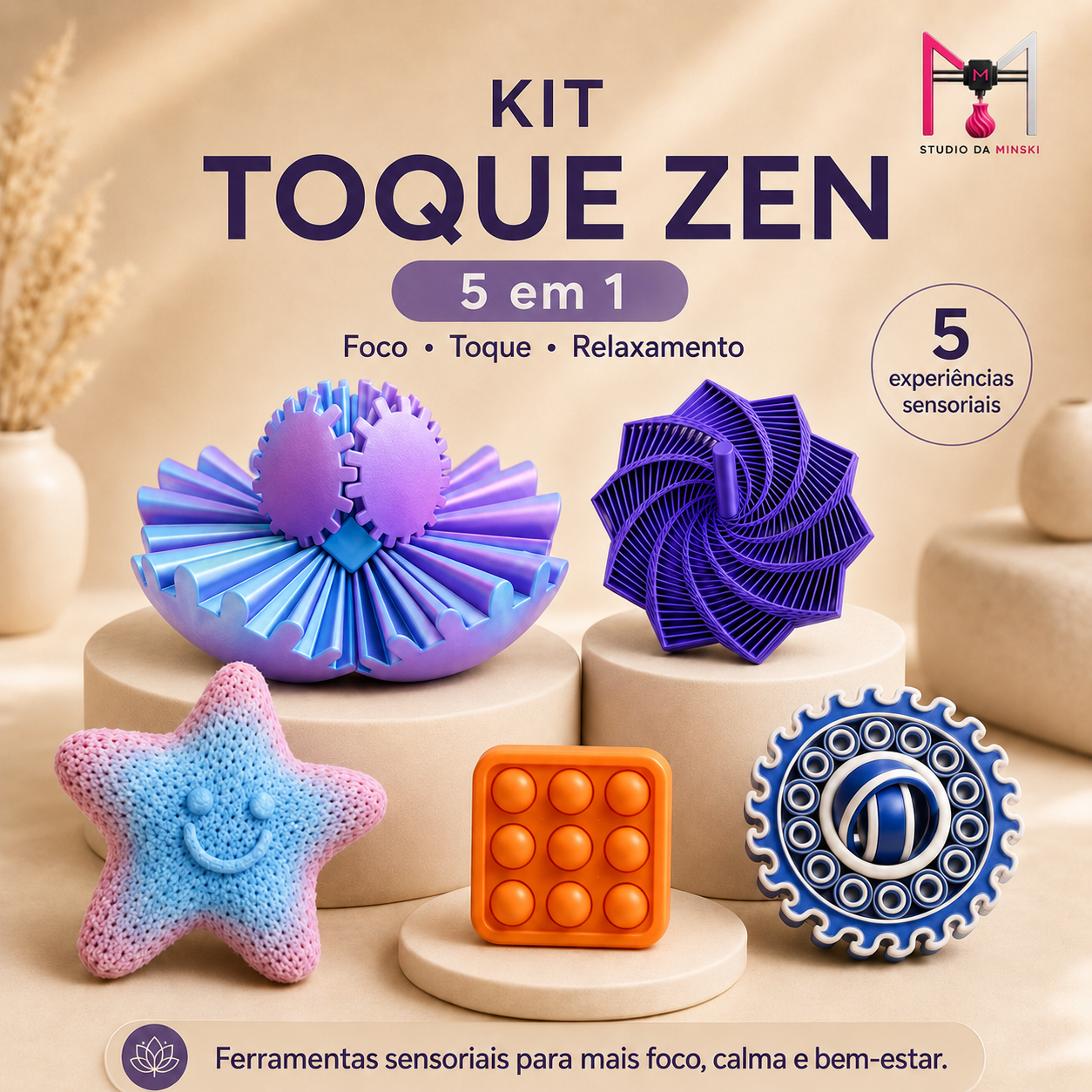 Kit Toque Zen 5 em 1 – Brinquedos Sensoriais para Foco, Relaxamento e Alívio do Estresse